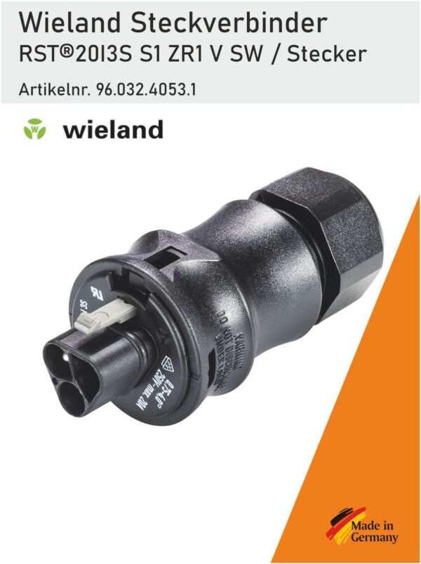 Der RST20I3S S1 ZR1 V SW Steckverbinder (Artikelnummer: 96.032.4053.1) ist ein hochwertiger, 3-poliger Stecker mit Schraubanschluss. Er ist ausgelegt für eine Nennspannung von 250 V und einen Strom von bis zu 20 A. Mit einem unterstützten Kabeldurchmesser von 6 bis 10 mm erfüllt der Steckverbinder die Anforderungen für den Einsatz in Balkonkraftwerken und Steckersolar-Systemen. Sein gerades Design sorgt für eine einfache und zuverlässige Installation.