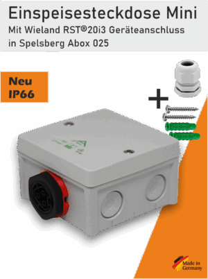 Fertig montierte Einspeisesteckdose mit Wieland RST20i3 Gerätebuchse in Spelsberg Abox 025 Gehäuse