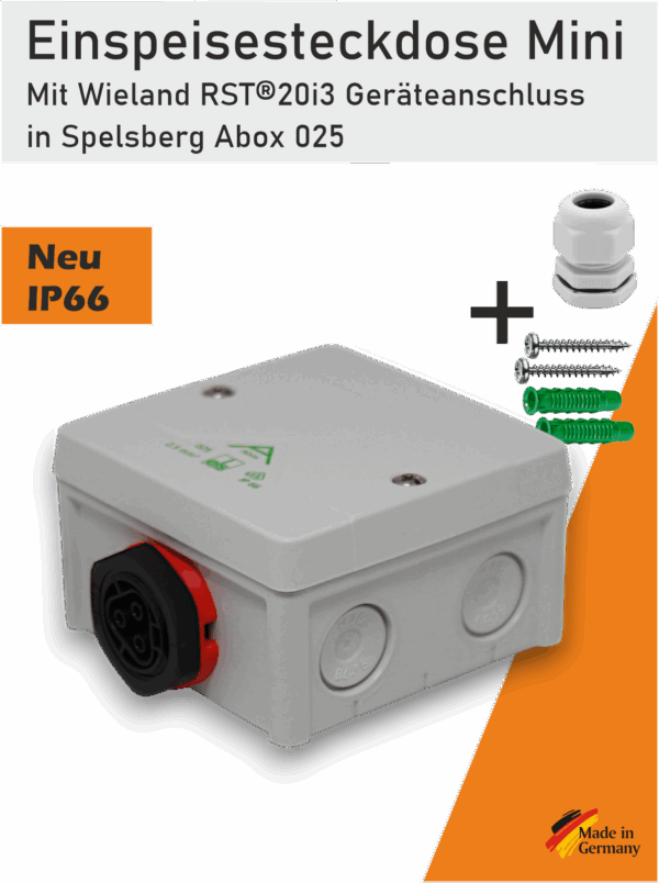 Fertig montierte Einspeisesteckdose mit Wieland RST20i3 Gerätebuchse in Spelsberg Abox 025 Gehäuse
