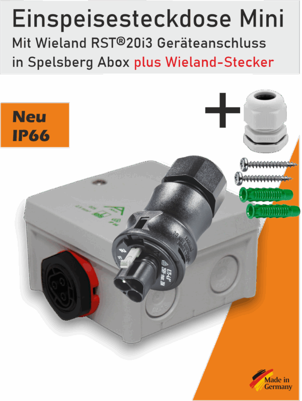 Fertig montierte Einspeisesteckdose mit Wieland RST20i3 Gerätebuchse in Spelsberg Abox 025 Gehäuse plus Wieland Stecker