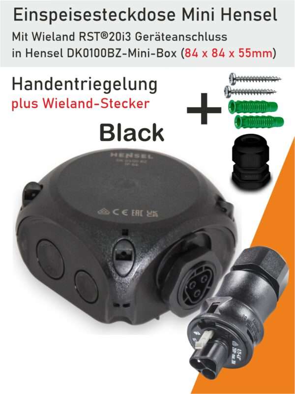Schwarze Einspeisesteckdose Mini von Hensel für Balkonkraftwerke – sichere und normgerechte Stromzufuhr ins Hausnetz. Plus passenden Wieland-Stecker