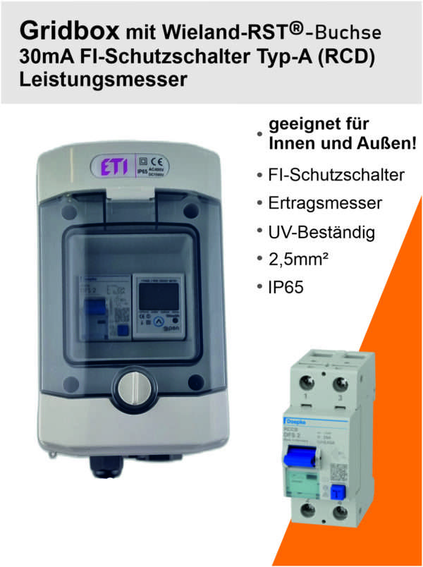 Solarstrom Einspeisung,Integrierter Zähler für die erzeugte Leistung,Passend für alle Balkonkraftwerke und Mini-PV-Anlagen,Gridbox mit Wieland-RST®-Buchse,FI-Schutzschalter,sichere Solarstrom Einspeisung,Balkonkraftwerke,Gridbox